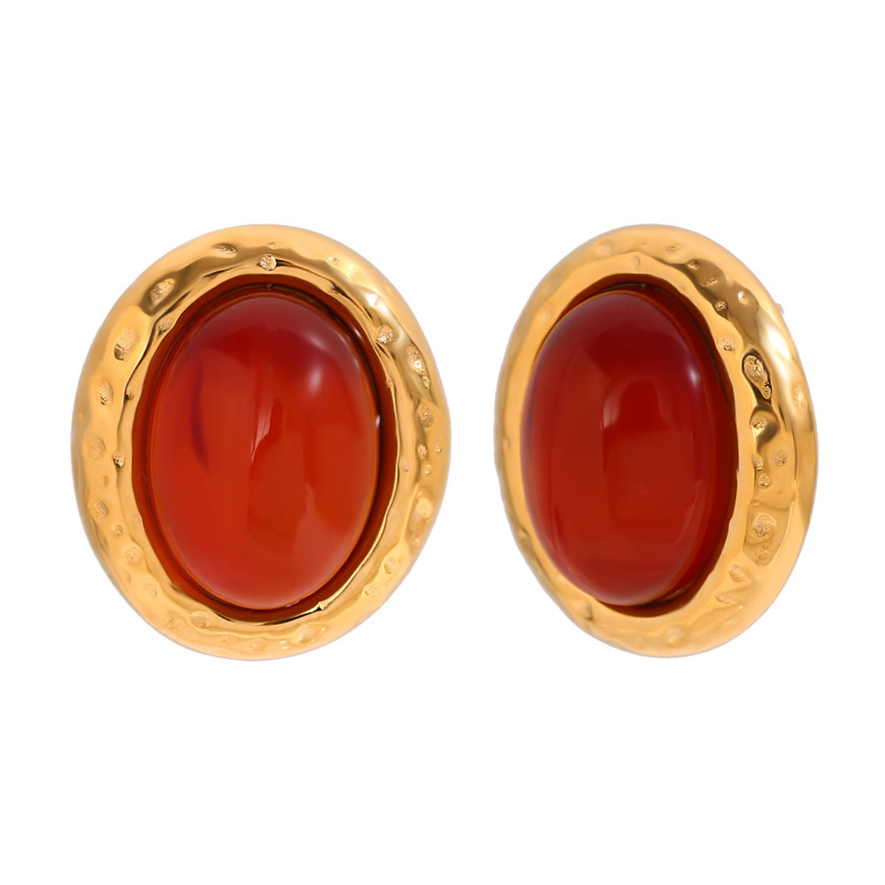 Vintage-inspired gold oval earrings with hammered finish and maroon stone – 18K gold-plated, waterproof by STUD (Shop Till You Drop)
