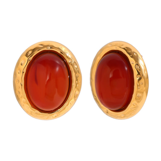 Vintage-inspired gold oval earrings with hammered finish and maroon stone – 18K gold-plated, waterproof by STUD (Shop Till You Drop)