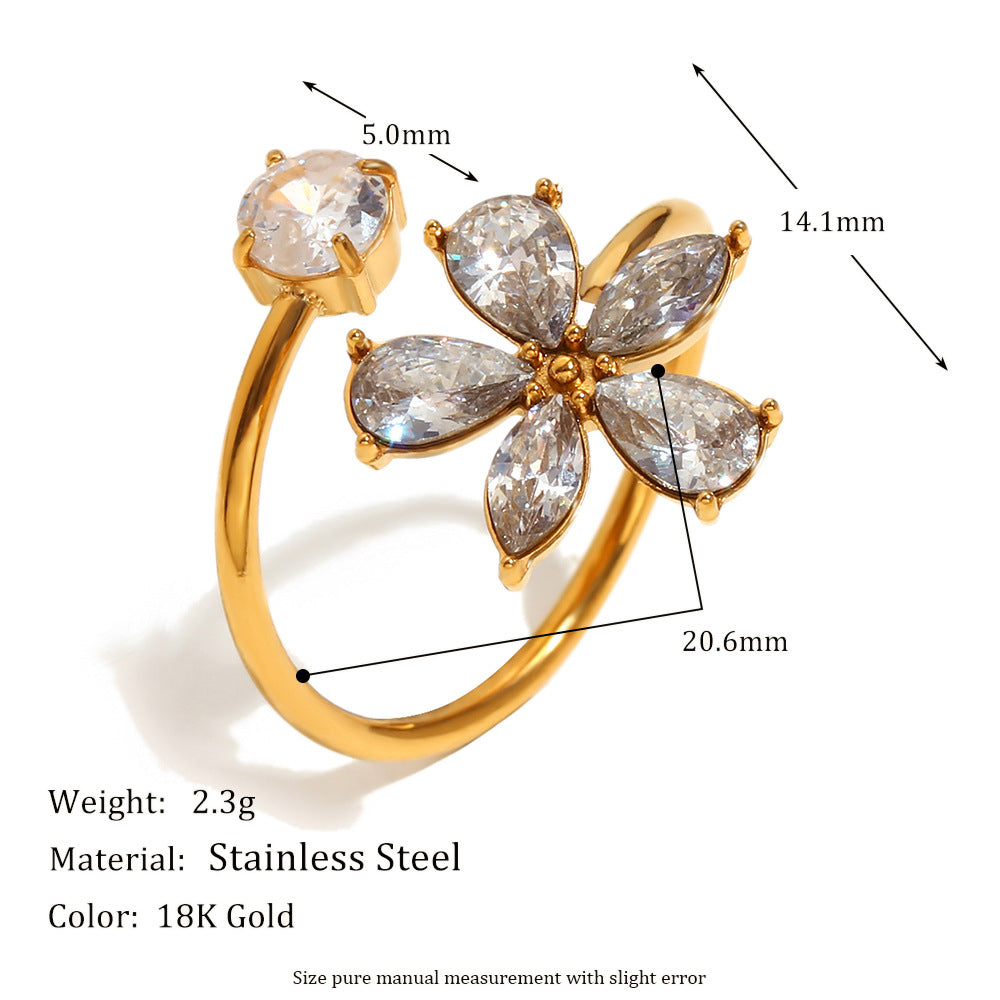 STUD 18K gold-plated stainless steel zircon flower open ring with teardrop petals
