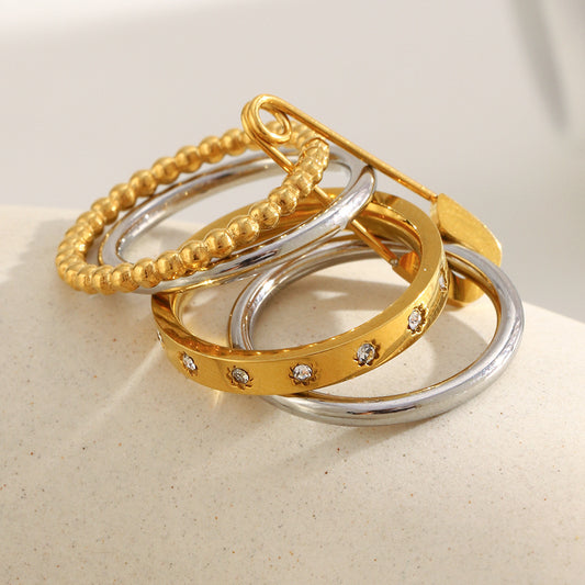 Bold Sparkle 4-Layer Safety Pin Stacked Ring in 18K Gold Finish