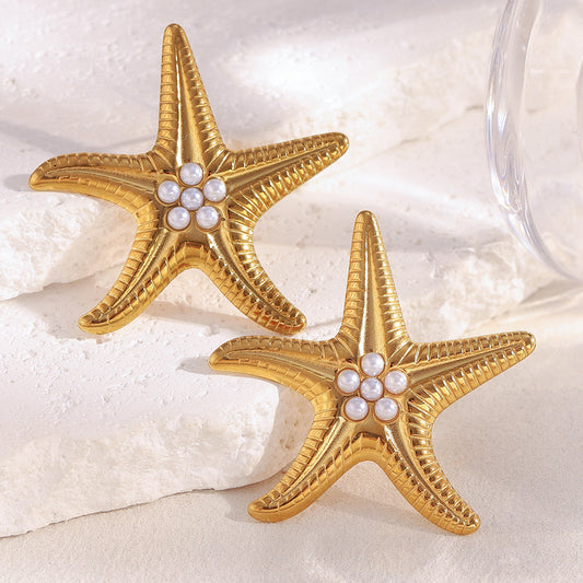 18K gold-plated starfish earrings with faux pearls and textured finish