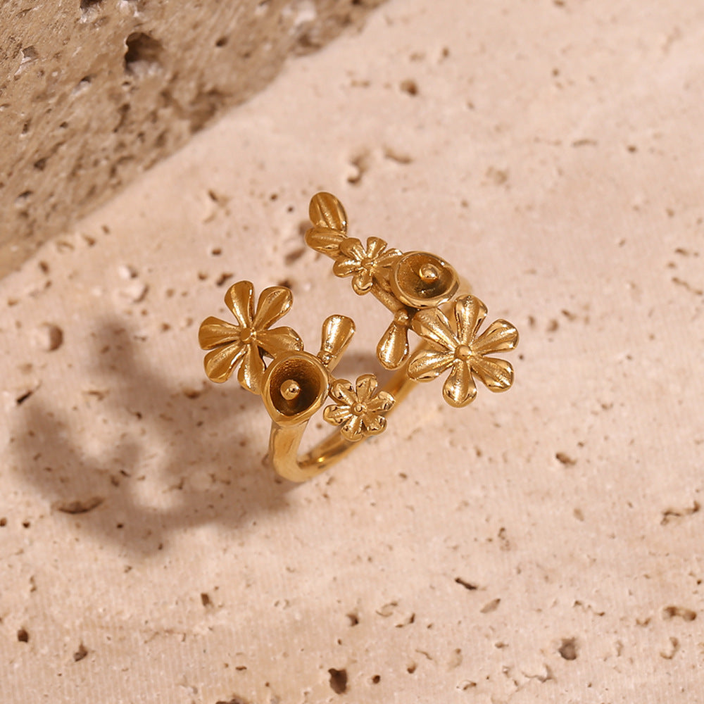 Vintage 18K Gold-Plated Flower Open Ring