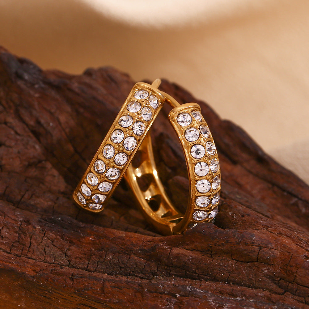 18K gold plated pavé hoop earrings with double-row crystals and heart cut-out back – STUD