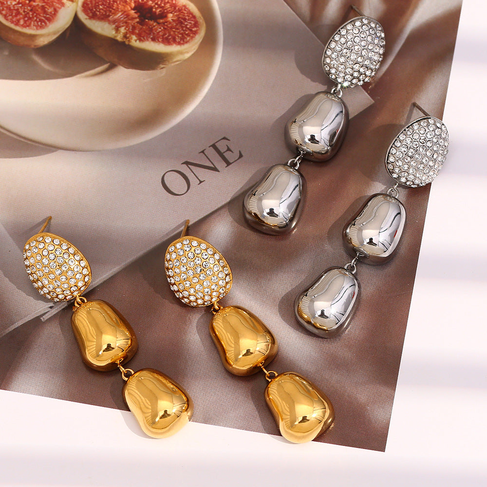 TOp view of peanut drop earrings – geometric design with zircon, waterproof, anti-tarnish by STUD (Shop Till You Drop)