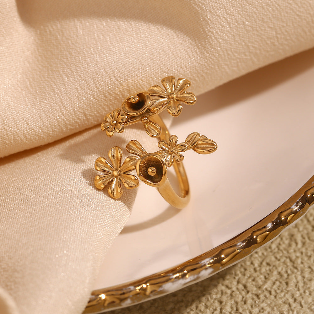 Vintage 18K Gold-Plated Flower Open Ring