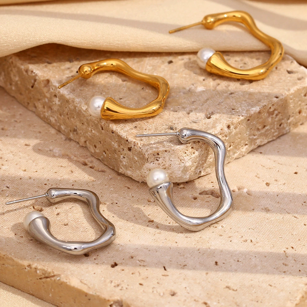 Pearl Line C Hoop Earrings