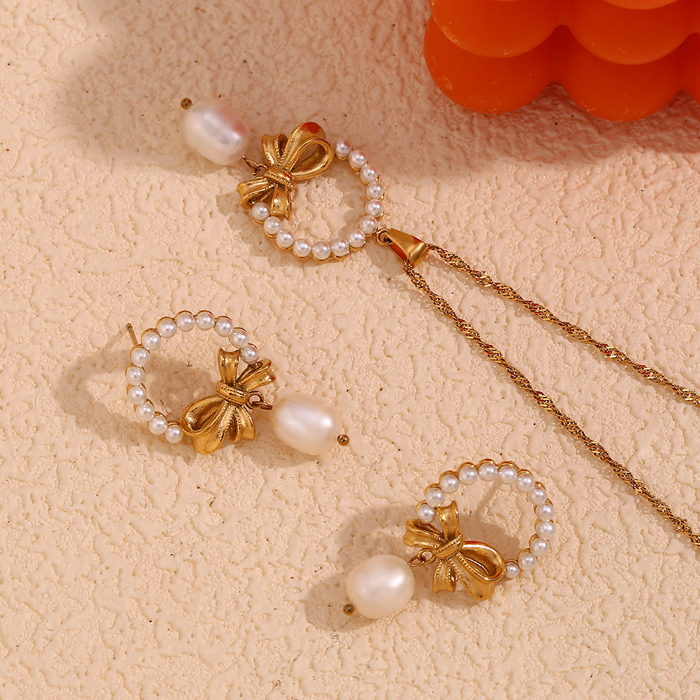 18K gold plated pearl bow drop earrings with vintage textured bow – STUD