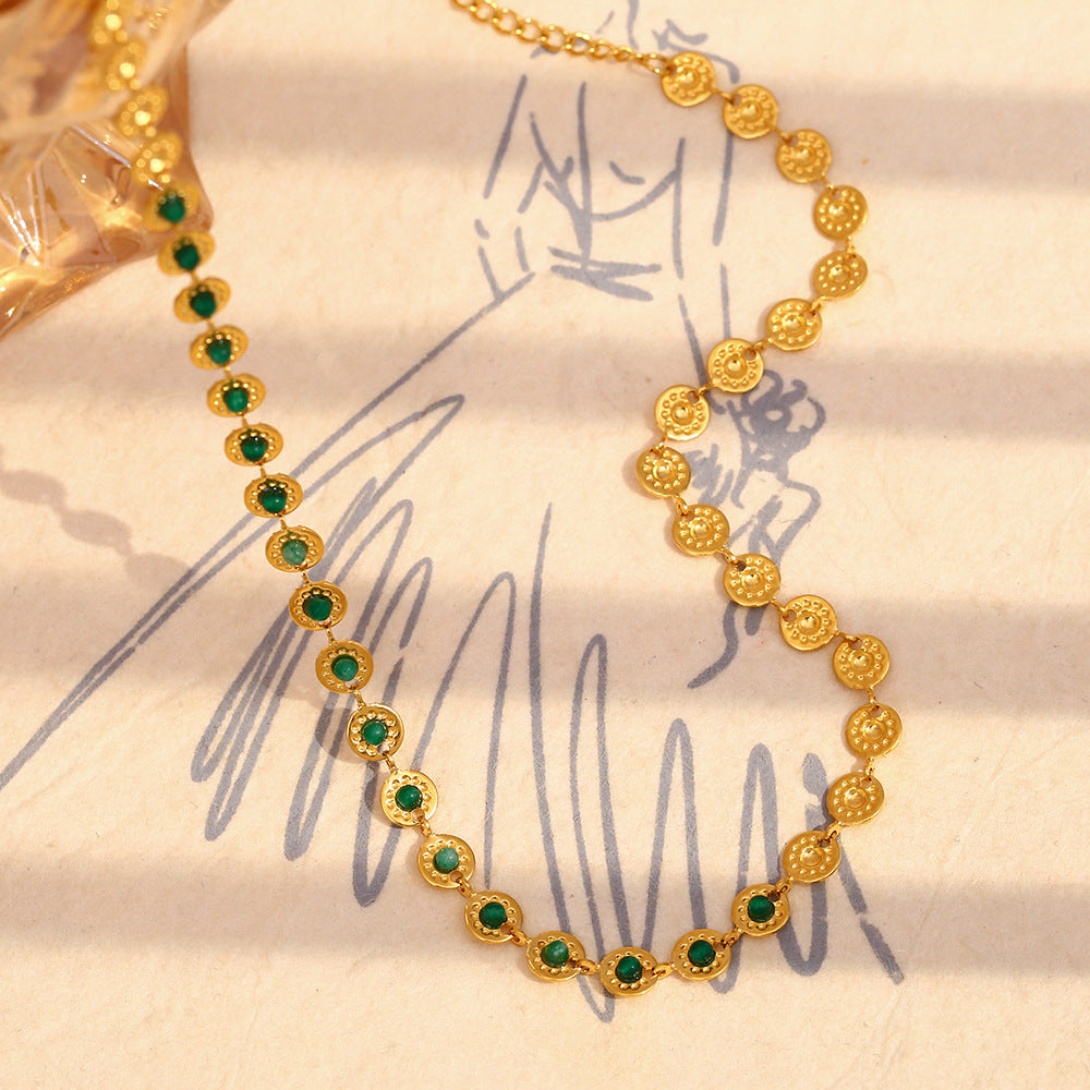 18K gold plated coin choker necklace with emerald green zircon stones – STUD