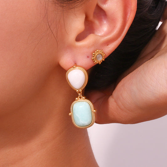 Model Wearing French-style drop earrings with natural Amazonite – 18K gold-plated, geometric, waterproof by STUD (Shop Till You Drop)