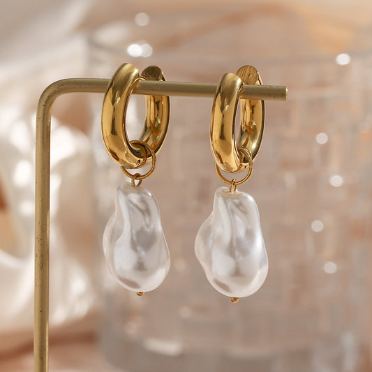 Close View of Elegant baroque pearl drop hoop earrings – 18K gold-plated, waterproof, statement design by STUD (Shop Till You Drop)