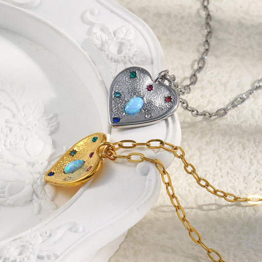 STUD 18K gold-plated stainless steel heart necklace with opal and colorful zircon stones