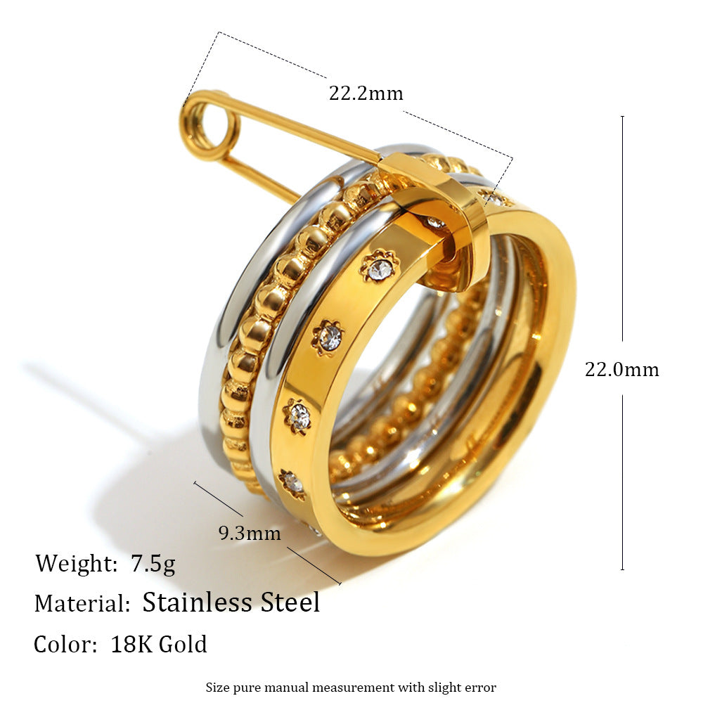 Bold Sparkle 4-Layer Safety Pin Stacked Ring in 18K Gold Finish