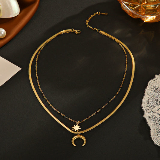 Double-layer celestial necklace with moon & star pendants – 14K gold plated by STUD-Shop Till You Drop