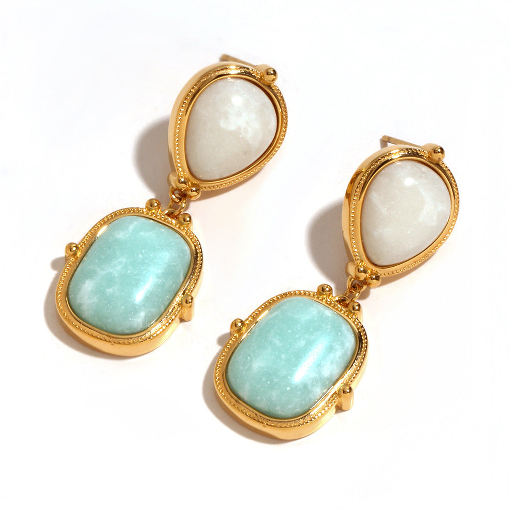 Close View of French-style drop earrings with natural Amazonite – 18K gold-plated, geometric, waterproof by STUD (Shop Till You Drop)