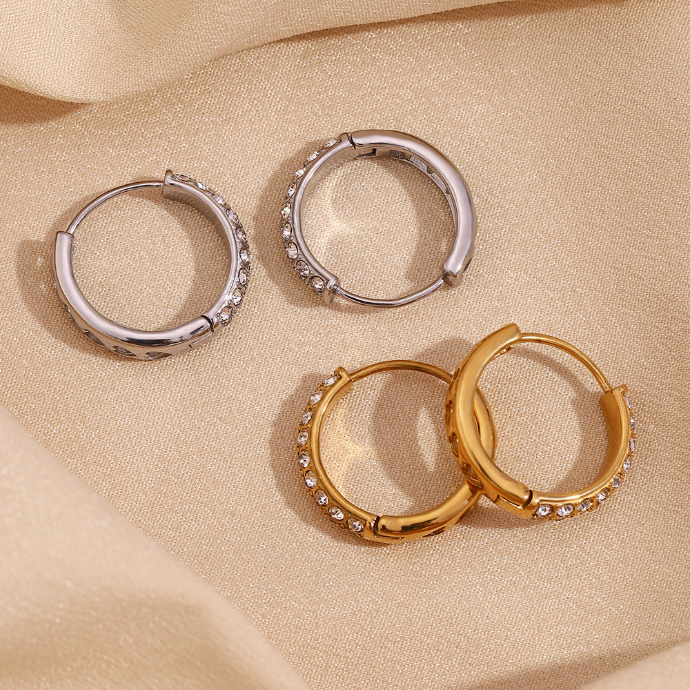 18K gold plated pavé hoop earrings with double-row crystals and heart cut-out back – STUD