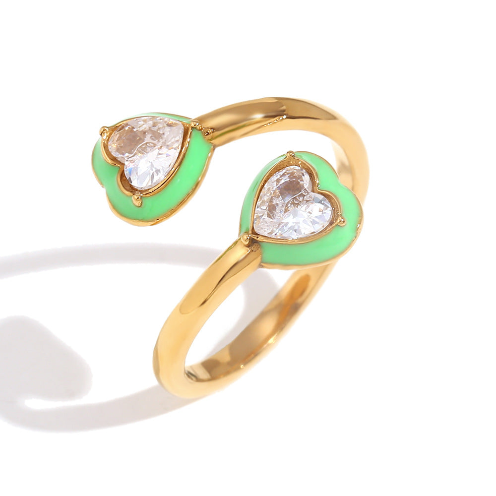 18K Gold-Plated Green Heart Enamel Open Ring with Zircon