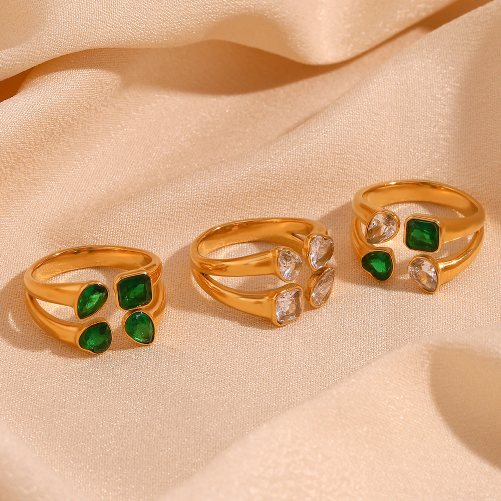 Elegant 18K Gold-Plated Double-Layer Heart & Teardrop Zircon Ring