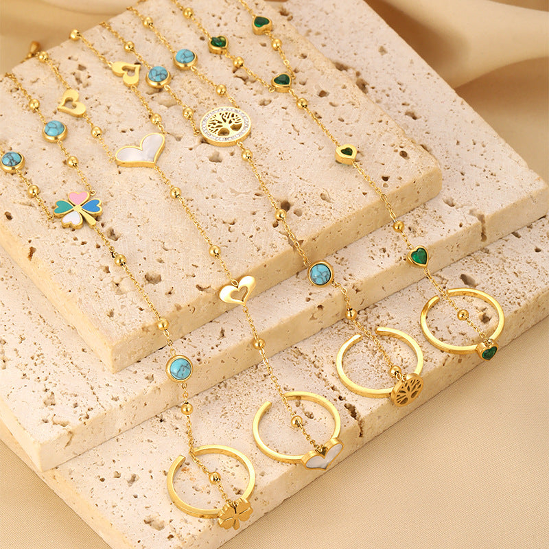 Double Heart with Green Stone 18K Hand Chain
