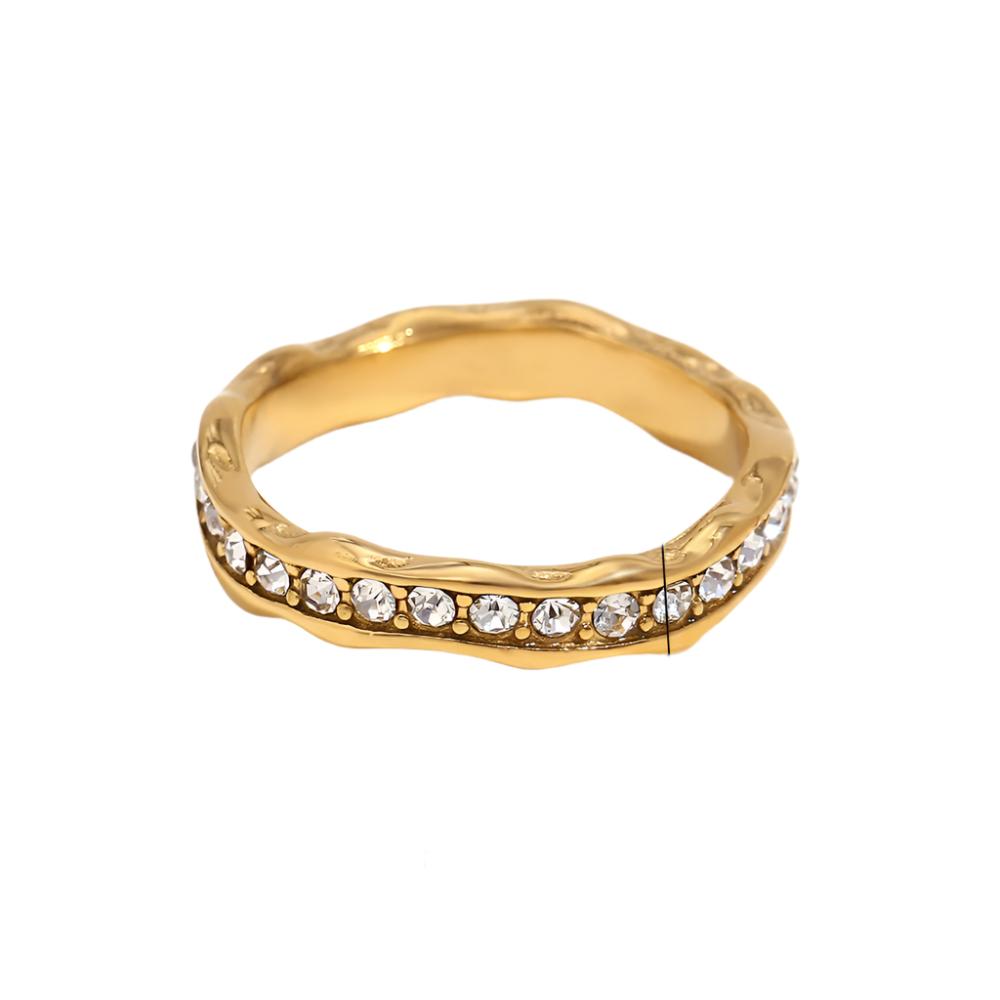 Closeup view of Irregular wave full zircon ring – 18K gold-plated or steel stainless steel band – modern geometric statement jewelry by STUD (Shop Till You Drop)