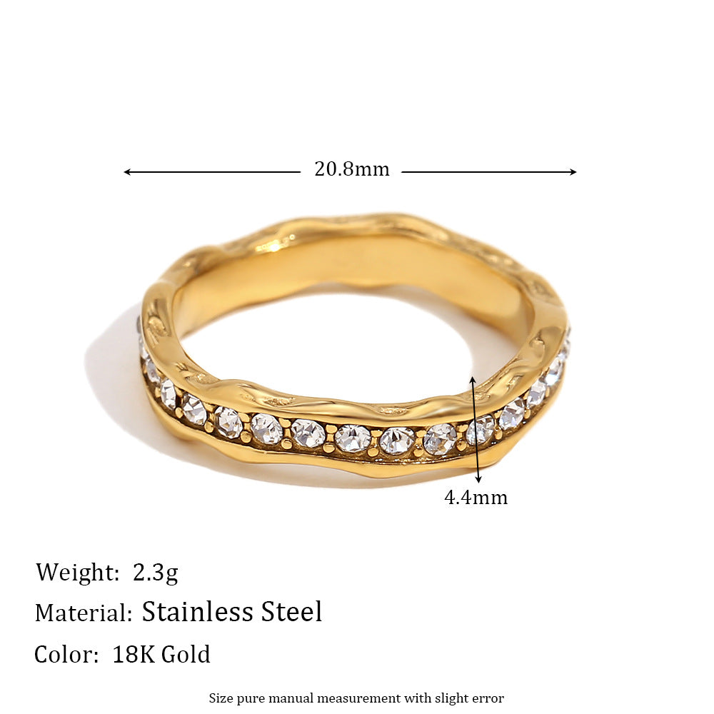 Silver stainless steel wavy band ring with full zircon circle – STUD