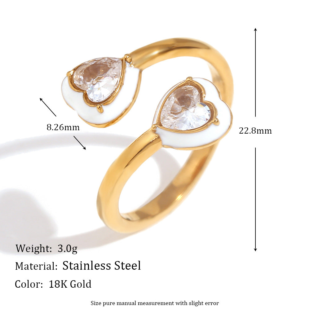 Size details of White heart enamel open ring with zircon – 18K gold-plated stainless steel adjustable band – trendy playful jewelry by STUD (Shop Till You Drop)