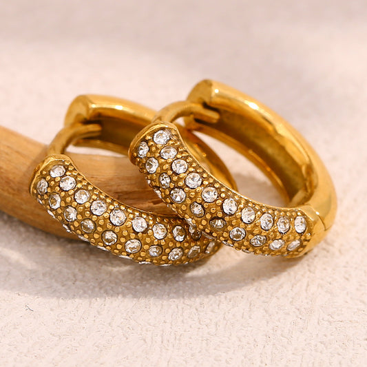 Side View of Gold zircon hoop earrings – 18K gold-plated, waterproof, anti-tarnish jewelry by STUD (Shop Till You Drop)