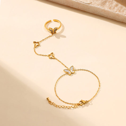 Close View of 18K gold plated butterfly hand chain with white shell inlay – elegant and waterproof – STUD