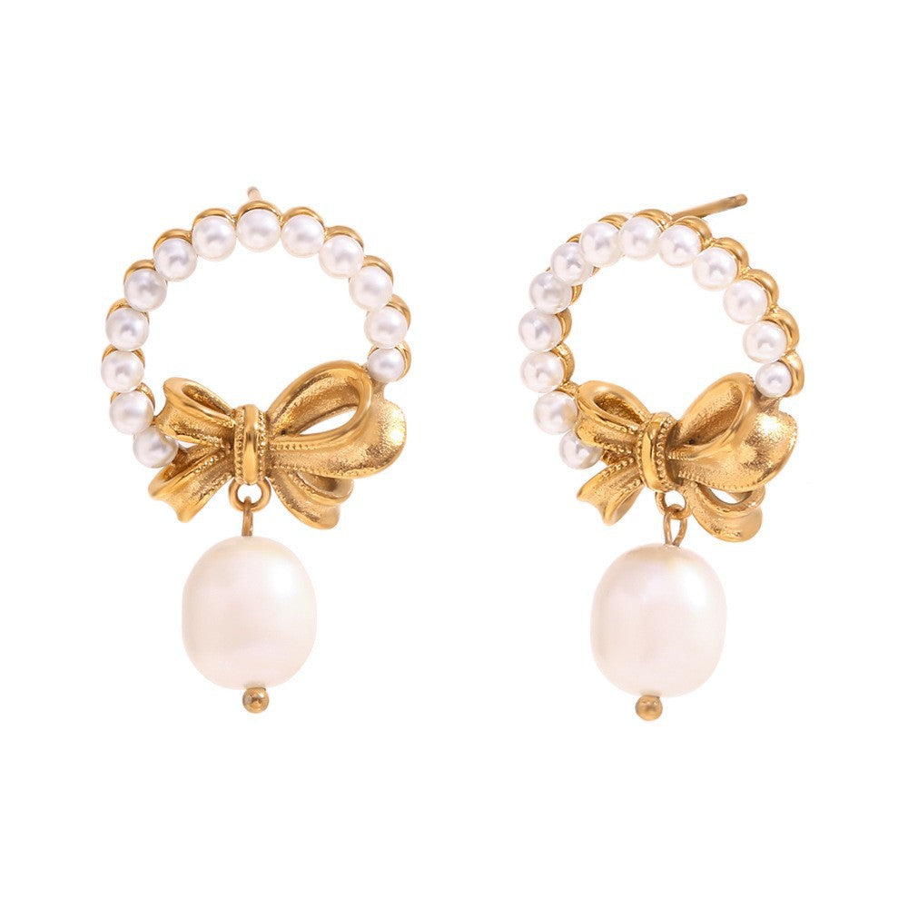 18K gold plated pearl bow drop earrings with vintage textured bow – STUD