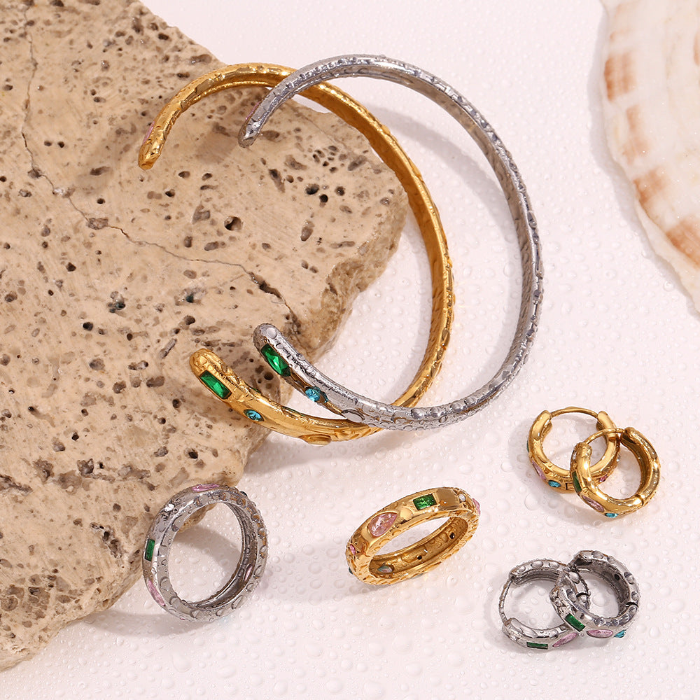 Gold Geometric Zircon Star and Waterdrop Open Bangle