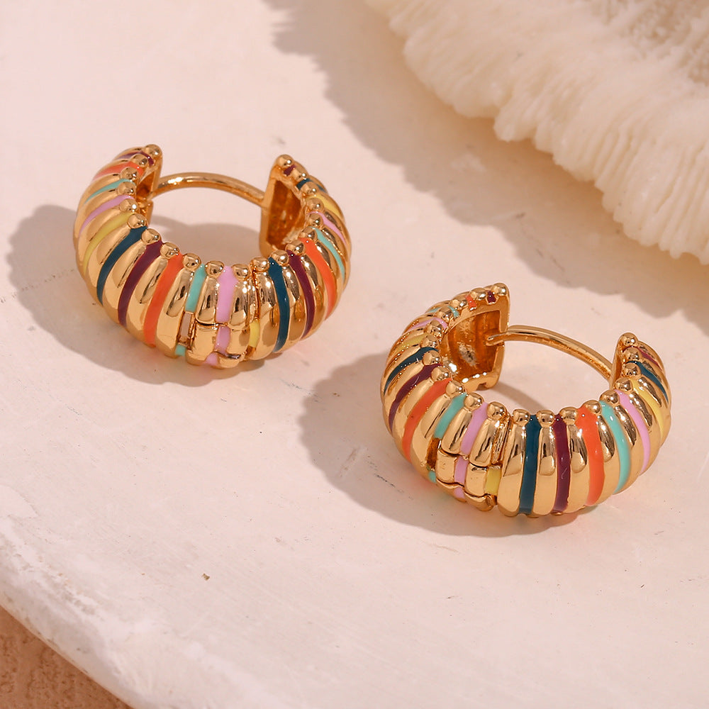 Close View of Vintage 19mm enamel hoop earrings – colorful, 18K gold-plated, waterproof by STUD (Shop Till You Drop)