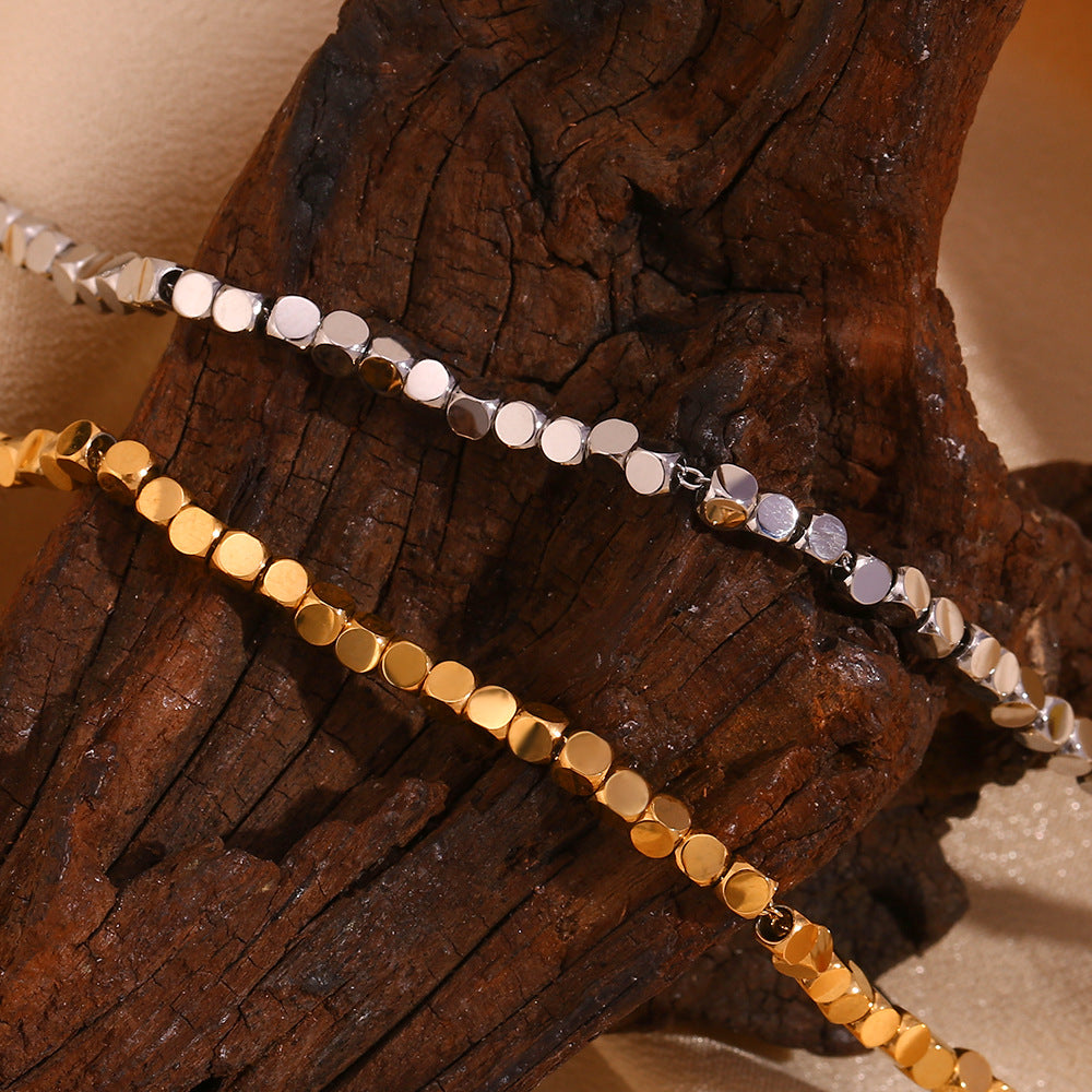 Close View of Minimalist square bead necklace – 18K gold plated modern design by STUD-Shop Till You Drop