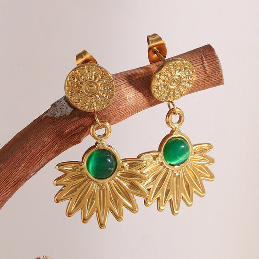18K gold-plated stainless steel sunburst drop earrings with green agate stone