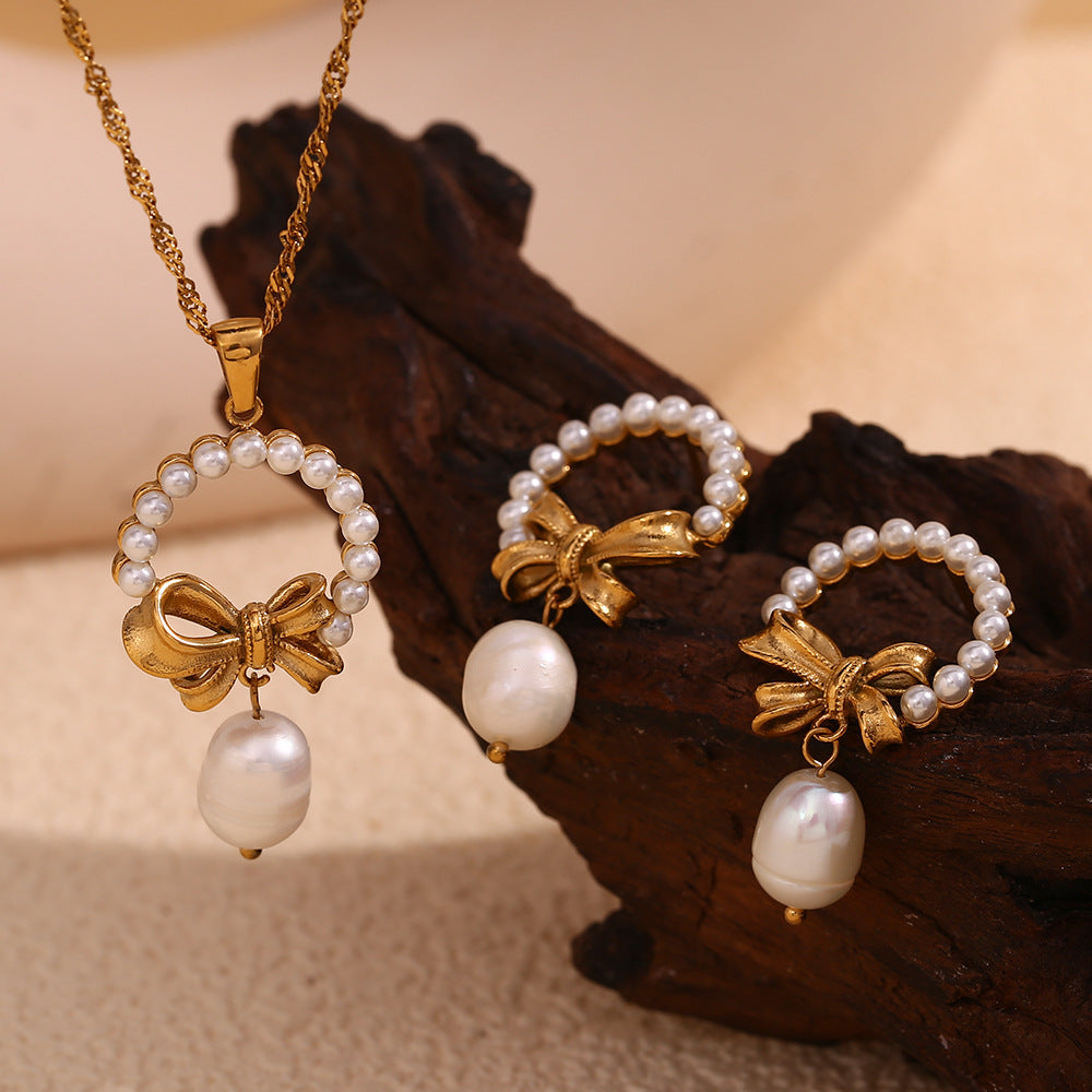 18K gold plated pearl bow drop earrings with vintage textured bow – STUD