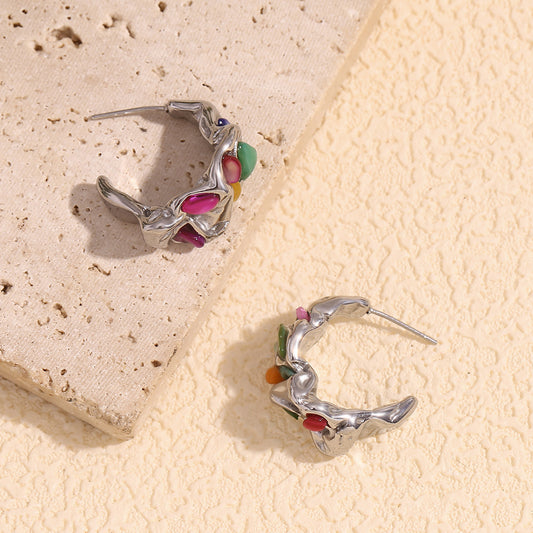 Top View of Moon-shaped ruffle silver earrings with colorful stones – waterproof, hypoallergenic by STUD (Shop Till You Drop)