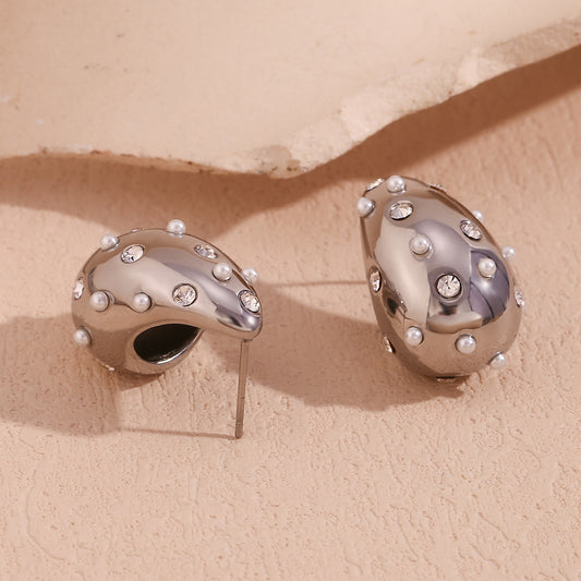 Silver hollow teardrop earrings with pearls – waterproof, hypoallergenic, geometric by STUD (Shop Till You Drop)