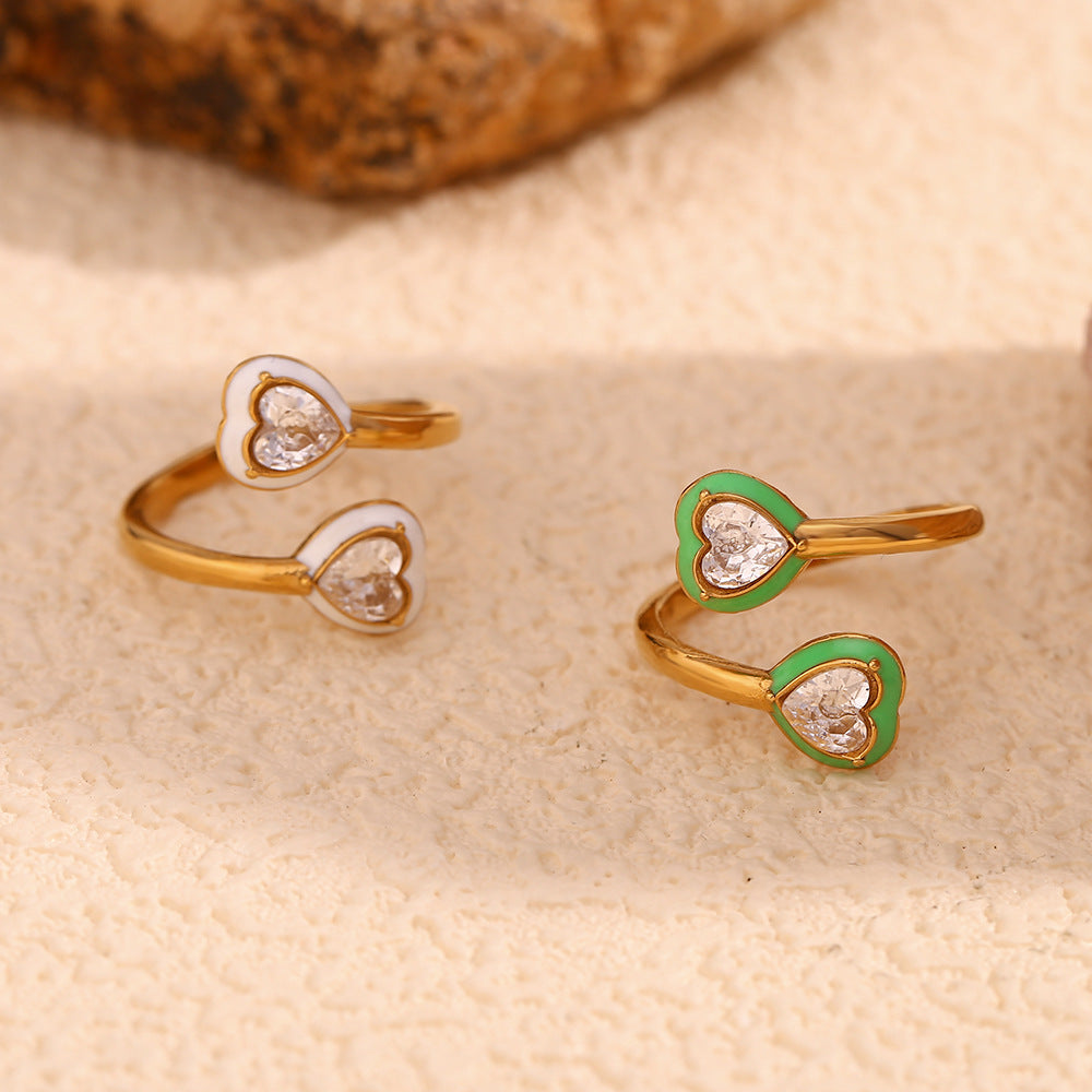 18K Gold-Plated white Heart Enamel Open Ring with Zircon