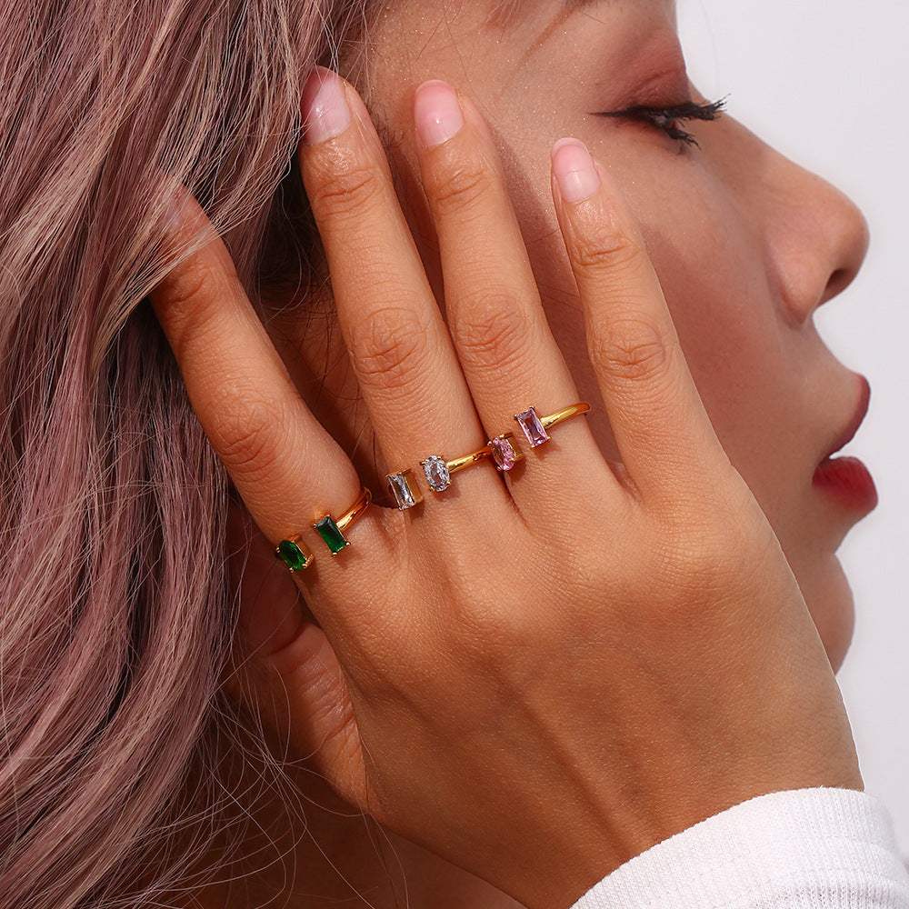Model styling Minimalist oval zircon open rings – 18K gold-plated stainless steel with polished finish – adjustable daily wear jewelry by STUD (Shop Till You Drop)