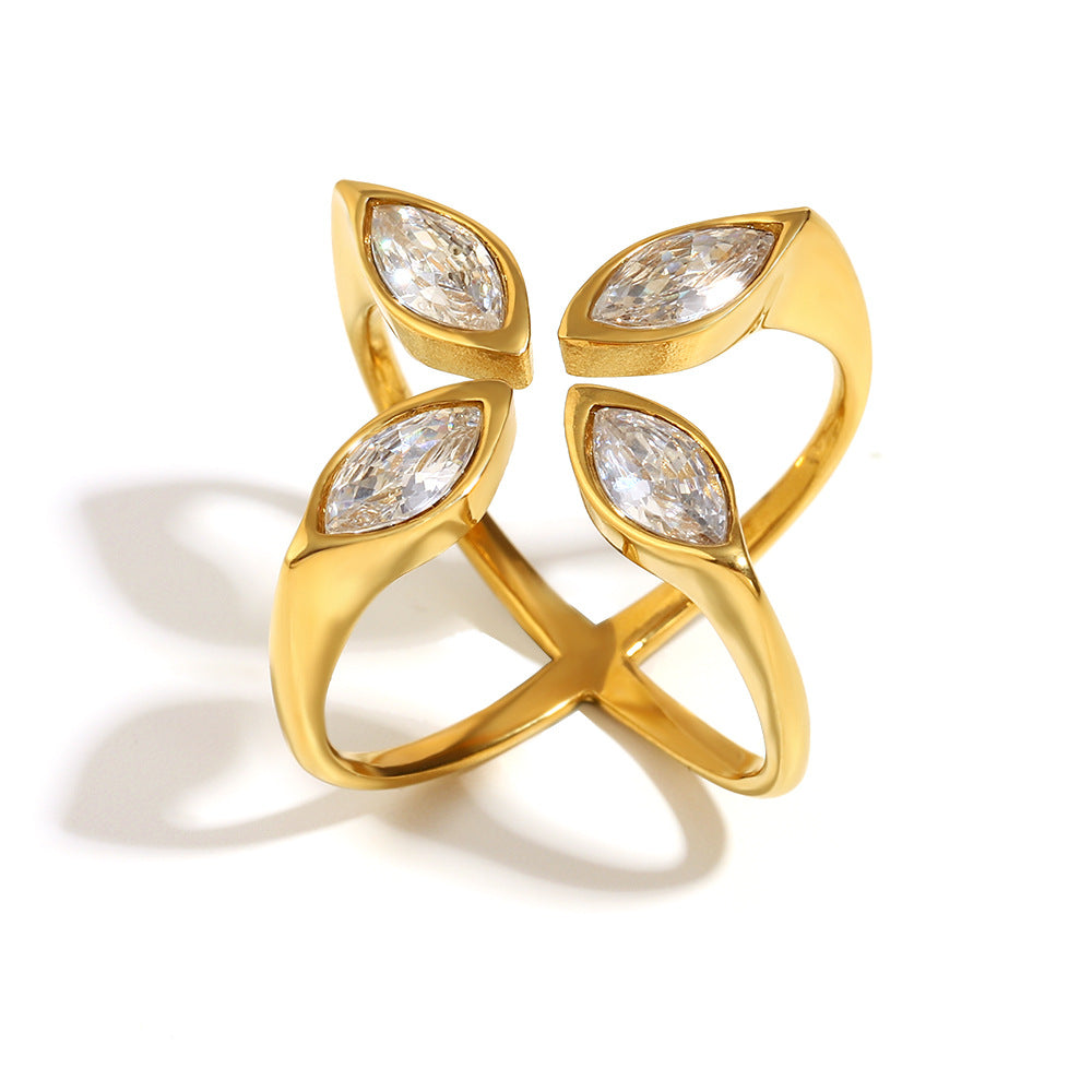 18K gold plated serpent crossover ring with marquise-cut zircon stones – STUD