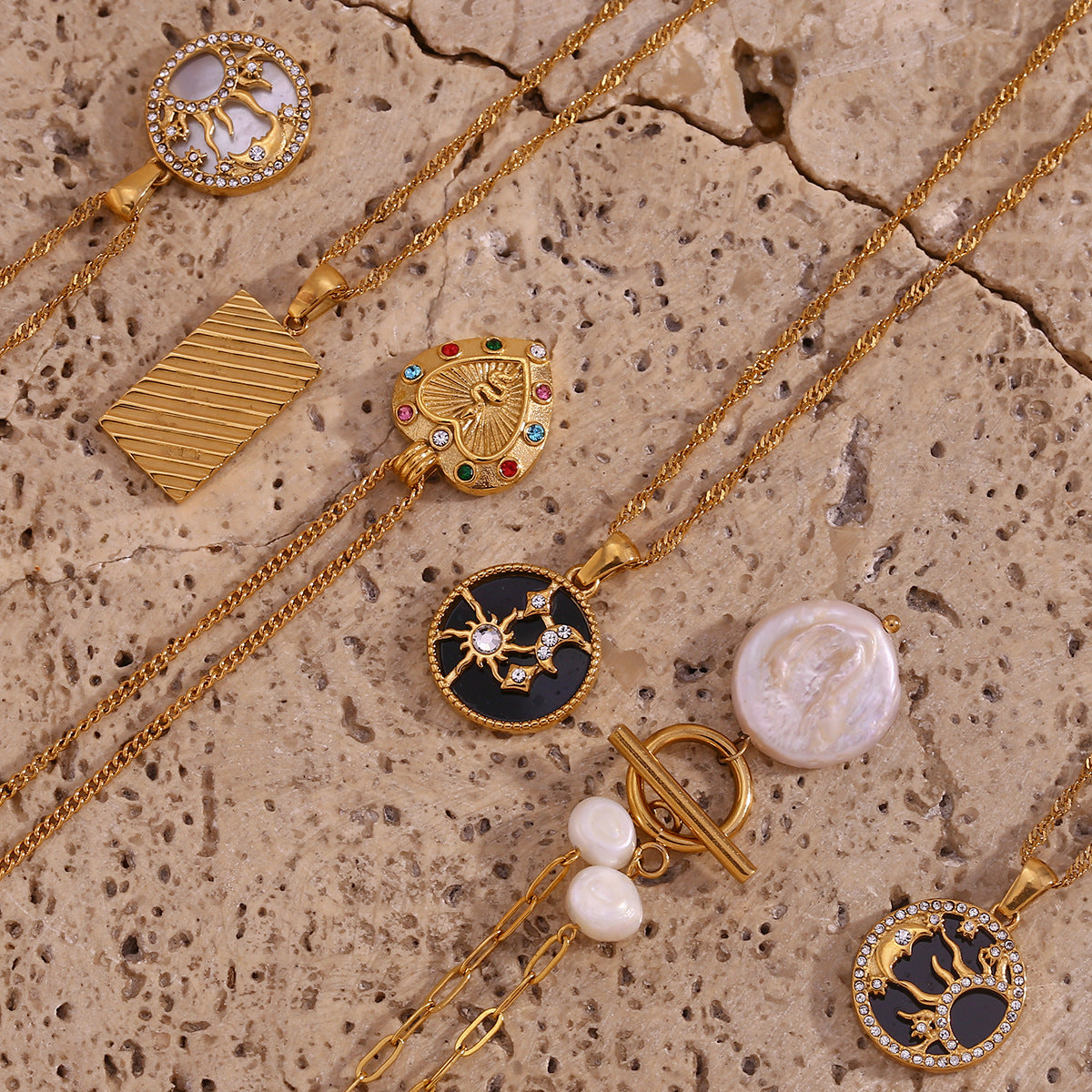 Retro-Chic 18K Gold Plated Sun, Star & Heart Black Necklace