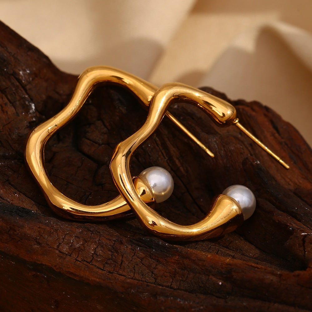 Pearl Line C Hoop Earrings