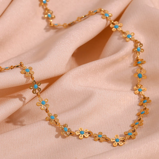 Retro blue flower necklace – handcrafted 18K gold plated design by STUD-Shop Till You Drop