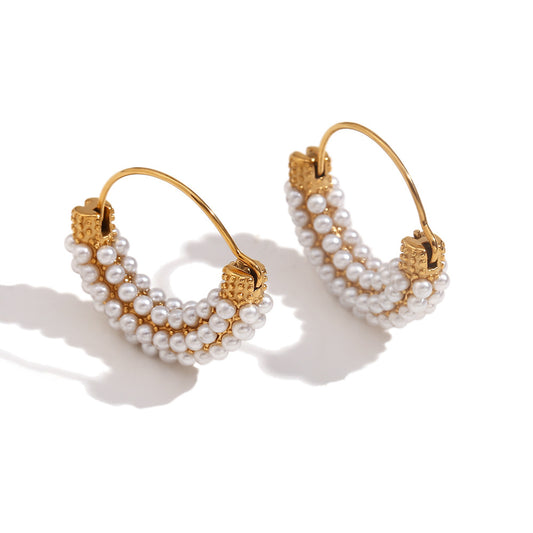 Close View of Vintage gold basket earrings with micro-inlaid pearl – 18K gold-plated geometric design by STUD (Shop Till You Drop)