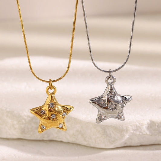 Gold 18K plated star pendant necklace with zircon crystal accents on snake chain – STUD