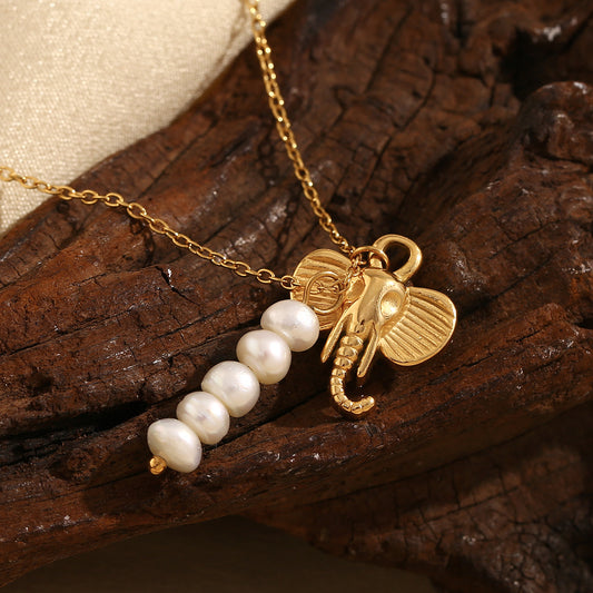 18K gold plated elephant pendant necklace with freshwater pearls – boho chic by STUD