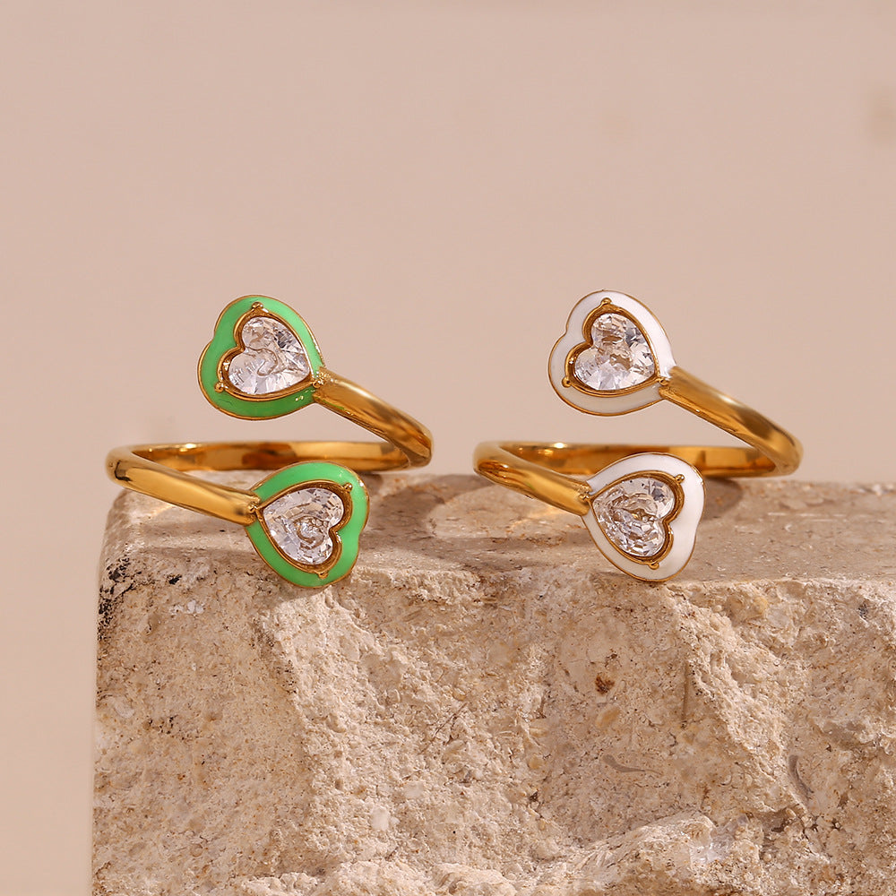 18K Gold-Plated Green Heart Enamel Open Ring with Zircon