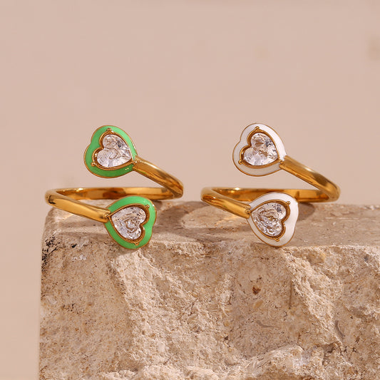 Green and White heart enamel open ring with zircon – 18K gold-plated stainless steel adjustable band – trendy playful jewelry by STUD (Shop Till You Drop)