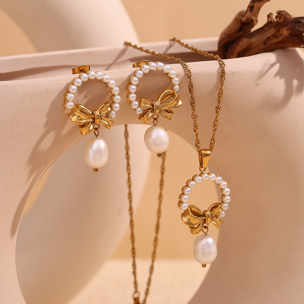 18K gold plated pearl bow drop earrings with vintage textured bow – STUD