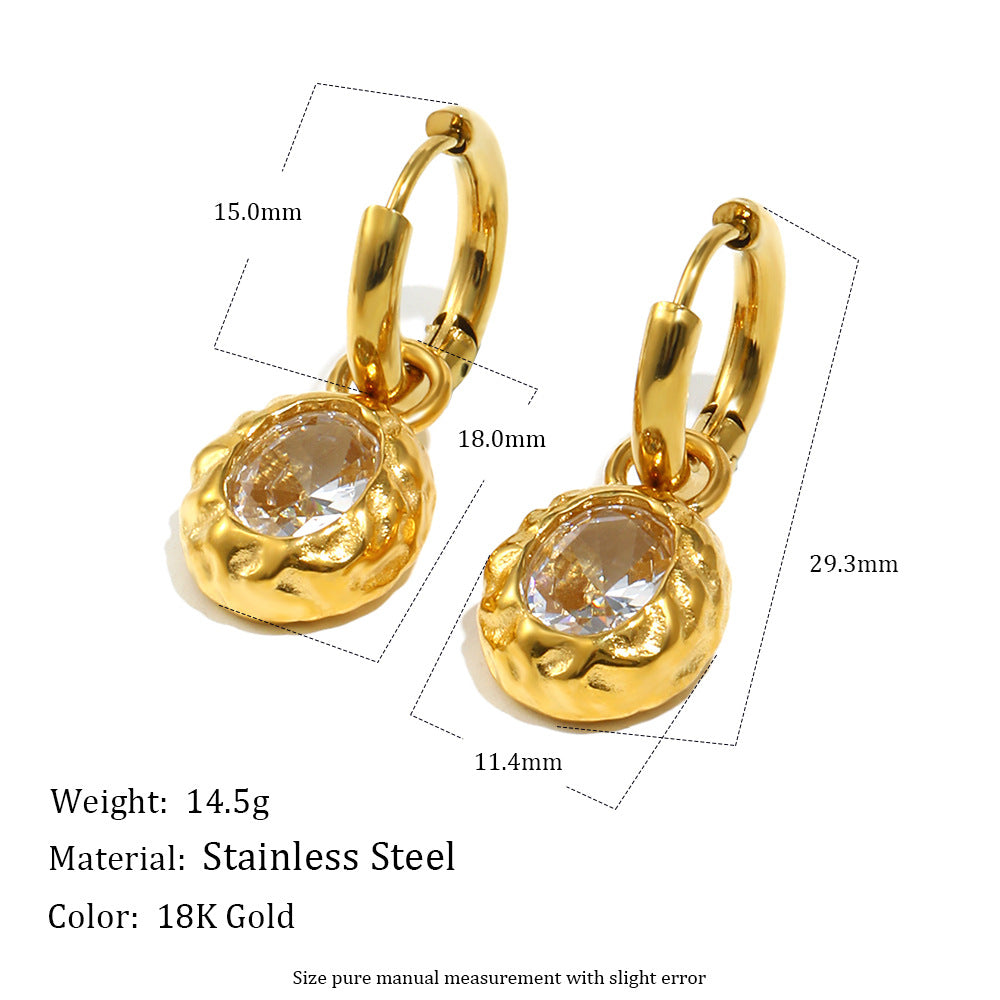 STUD 18K gold-plated stainless steel hammered oval hoop earrings with champagne zircon stone