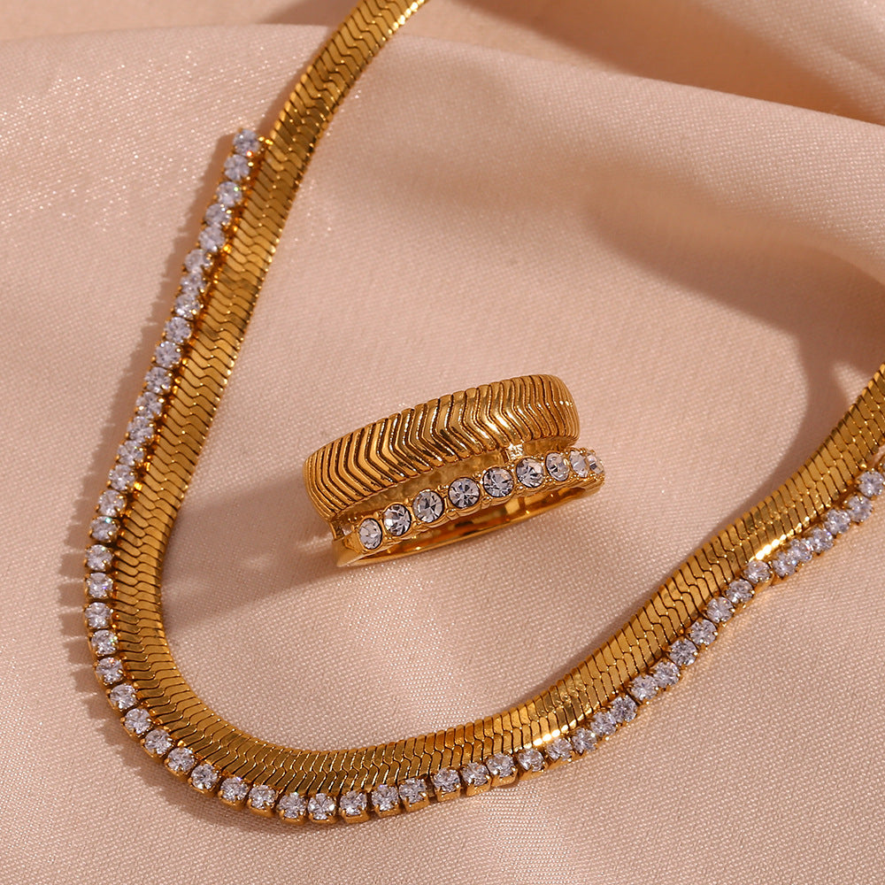 Minimalist Fishbone 18K Gold Plated with Zircon Ring