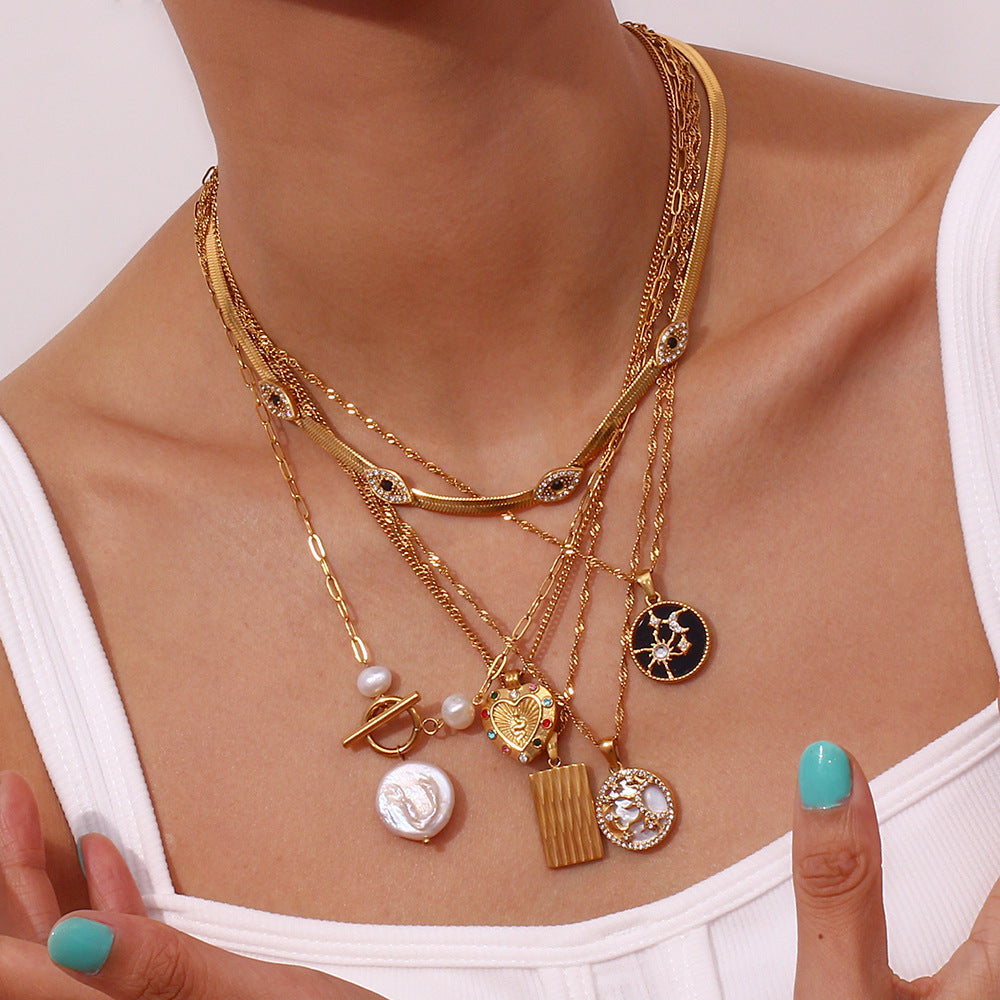 Retro-Chic 18K Gold Plated Sun, Star & Heart Black Necklace